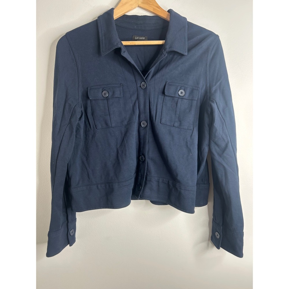 J Jill Navy Blue Button Front Collared Shirt Chore Jacket M Petite Stretch